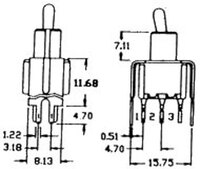 INTERRUPTOR MINI 6P. (DPDT) ON-ON, C.I., 120V. 5A (250V 2A)