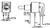 Interrupteur MINI 6P. (DPDT) ON-ON , couder, C.I, 120V. 3A