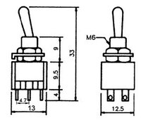 6P MINI TOGGLE SWITCH  (DPDT) ON-ON, 120V. 5A (250V. 2A), FOR PRINTED CIRCUIT