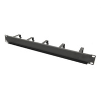 Horizontal steel cable organizer with 5 D-shaped rings, 1U, single-sided, for 19"