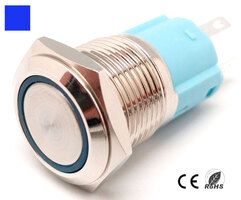 16mm. self reset pushbutton OFF-(ON) with ring LED, 5 solder pin 12V. BLUE