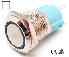 Ver informacion sobre 16mm. self reset pushbutton OFF-(ON) with ring LED, 5 solder pin 12V. WHITE