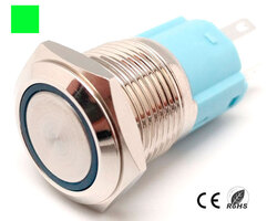 Ver informacion sobre 16mm. self reset pushbutton OFF-(ON) with ring LED, 5 solder pin 12V. GREEN