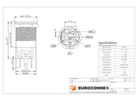 16mm. self locking switch OFF-ON and LED ligth, 5 solder pin 12V. RED