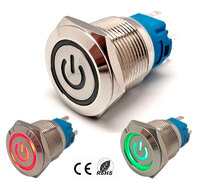 19mm. self locking pushbutton, w/ picture, w/ring LED, 6 solder pin 12V. 2 color LED Green/Red