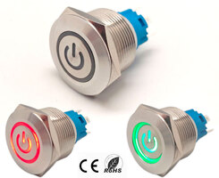 22mm. self locking pushbutton, w/ picture, w/ring LED, 6 solder pin 24V. 2 color LED Green/Red