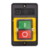 Caja de control negra con 2 botones, 1 interruptor Verde y 1 pulsadores ROJO momentáneo con símbolos