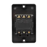Caja de control negra con 2 botones, 1 interruptor Verde y 1 pulsadores ROJO momentáneo con símbolos