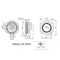 Pulsador Metàl·lic Ultra Curt [12.15mm] de Ø19mm amb LED Blau - 12V, Connexió JST-PHR-4