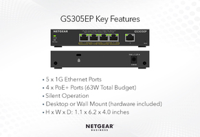 ProSafe Gigabit Ethernet Switch 5 ports 4 x PoE+ (63W) (Sobretaula) Monitorització, VLAN, Prioritza
