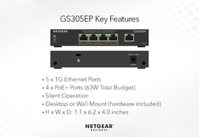 Commutateur Ethernet Gigabit ProSafe 5 ports 4 x PoE + (63W) (Desktop) Surveillance, VLAN, Prioriser