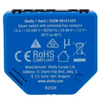 Shelly 1 Gen3 - WiFi 2.4 GHz IEEE802.11 b/g/n / Bluetooth -  Interruptor inteligente  - Soporta 110-240 V~24-48 V⎓12 V⎓ - Ofrece contactos secos - Compatible con Alexa y Google