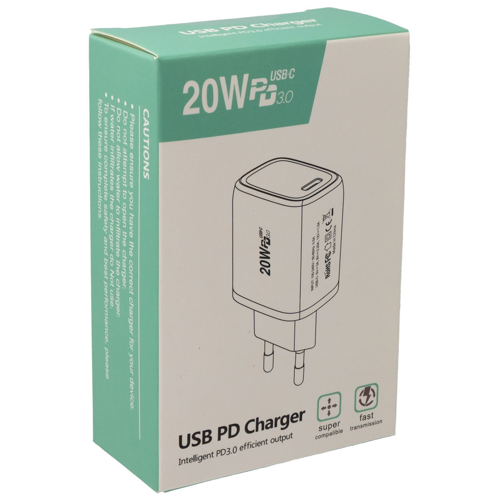 USB-C wall plug charger 20W with Power Delivery (PD), White