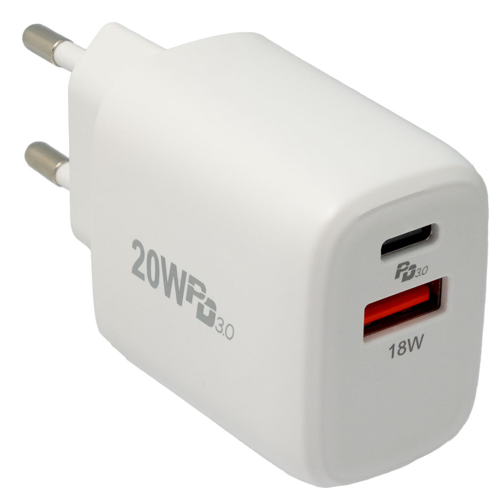 Cargador de pared con USB-C y USB-A 20W, Blanco