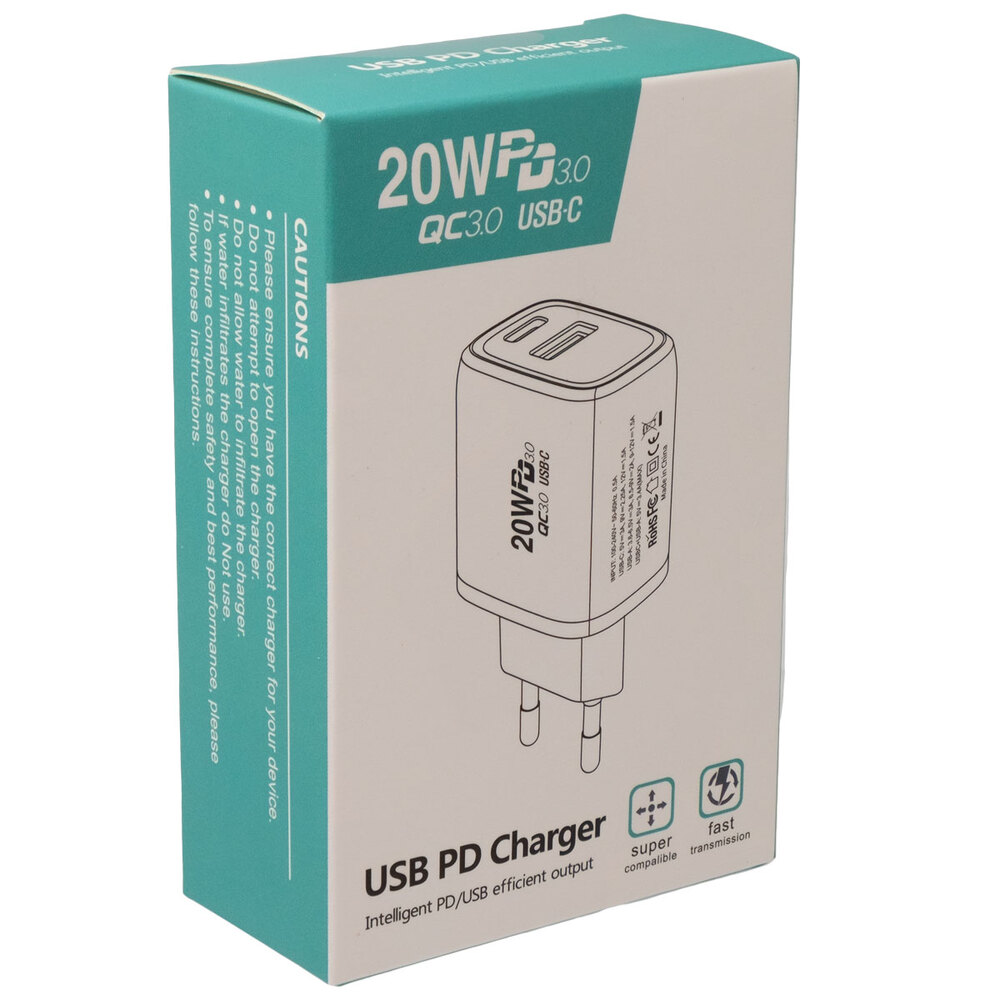 USB-C & USB-A wall plug charger 20W, White