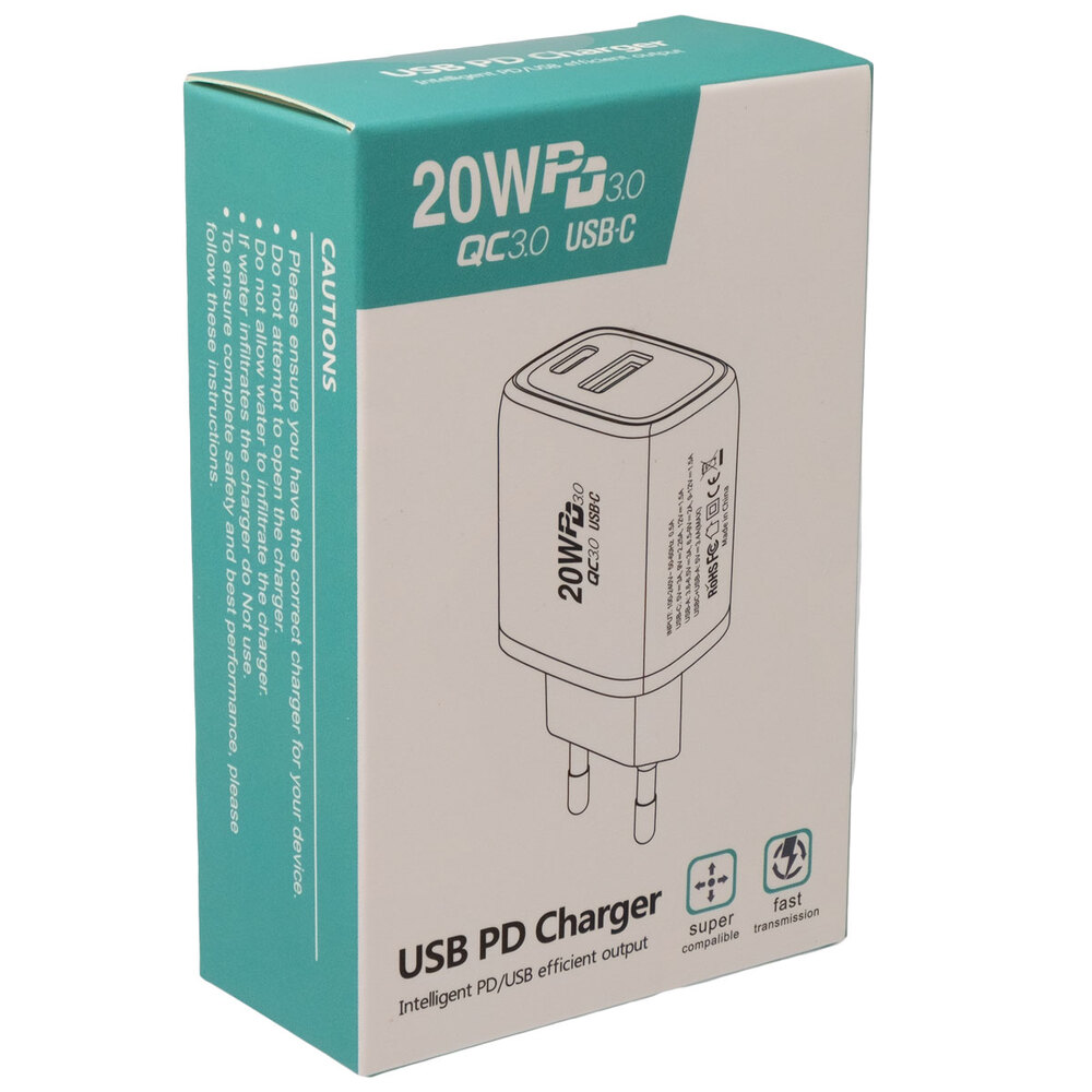 Chargeur mural USB-C et USB-A 20 W, blanc