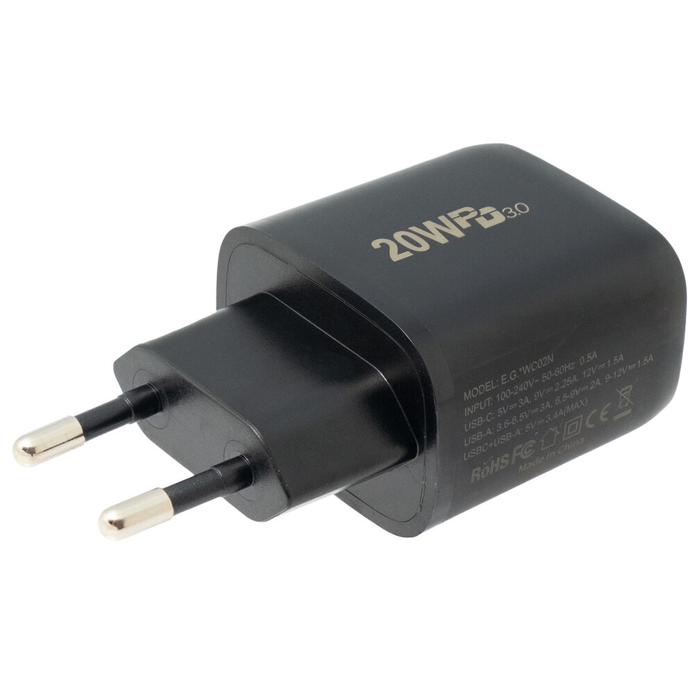 USB-C & USB-A wall plug charger 20W, Black