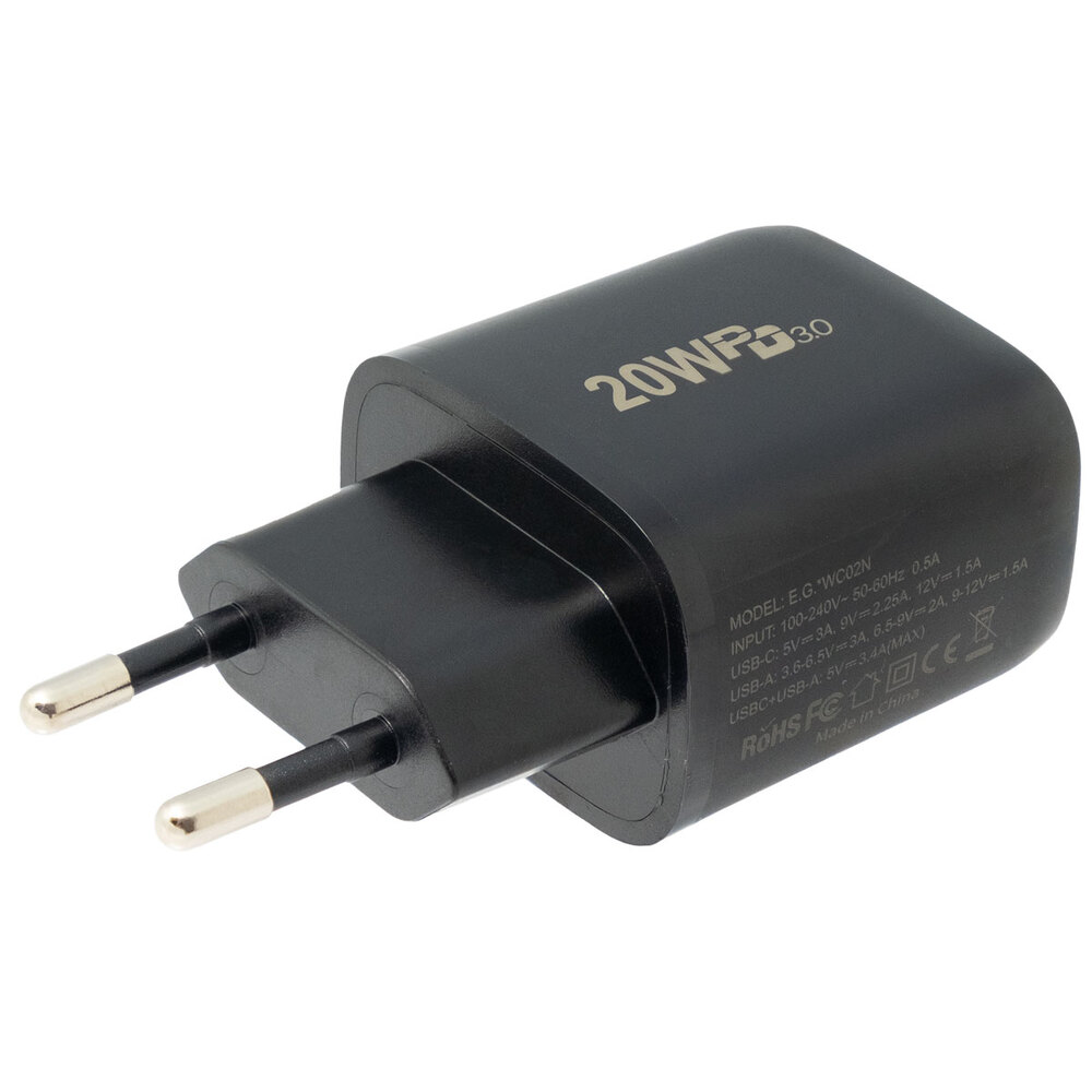 Chargeur mural USB-C et USB-A 20 W, Noir